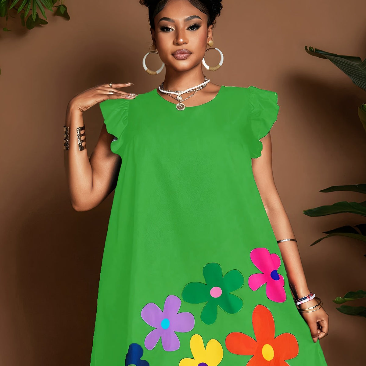 Robe soleil fleurie à manches volantées – Élégante robe d'été longueur genou