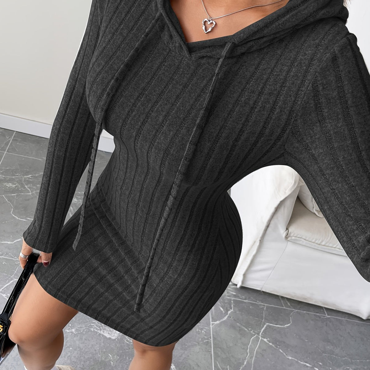 Women’s Ribbed Hooded Bodycon Dress – Drawstring Long Sleeve Pencil Fit