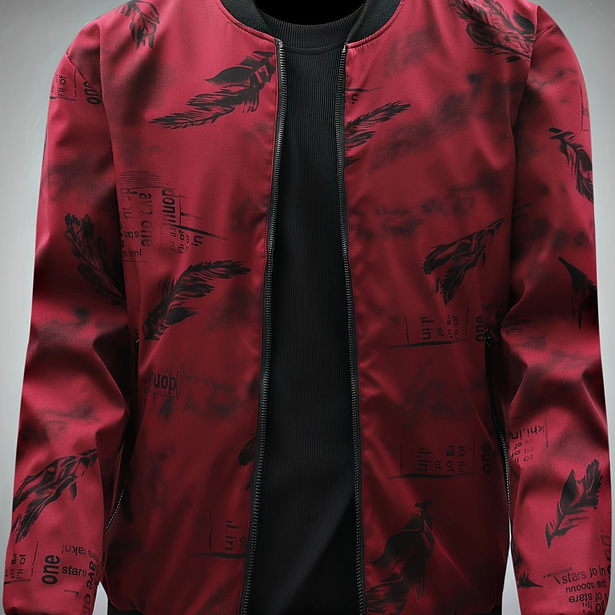 Men’s Feather Print Track Jacket – Zip-Up Baseball Collar Street Coat