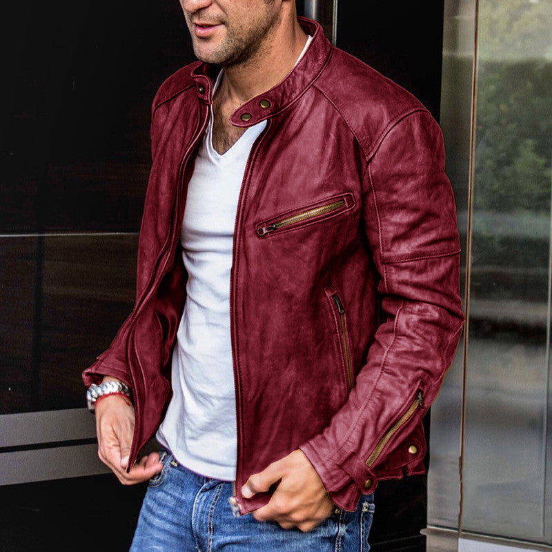Men’s Punk Motorcycle PU Leather Jacket – Stand Collar Casual Biker Coat