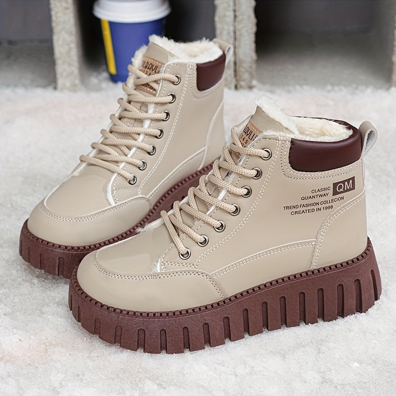 Women’s Fleece-Lined High-Top Ankle Boots – Thick Sole Casual Winter Shoes