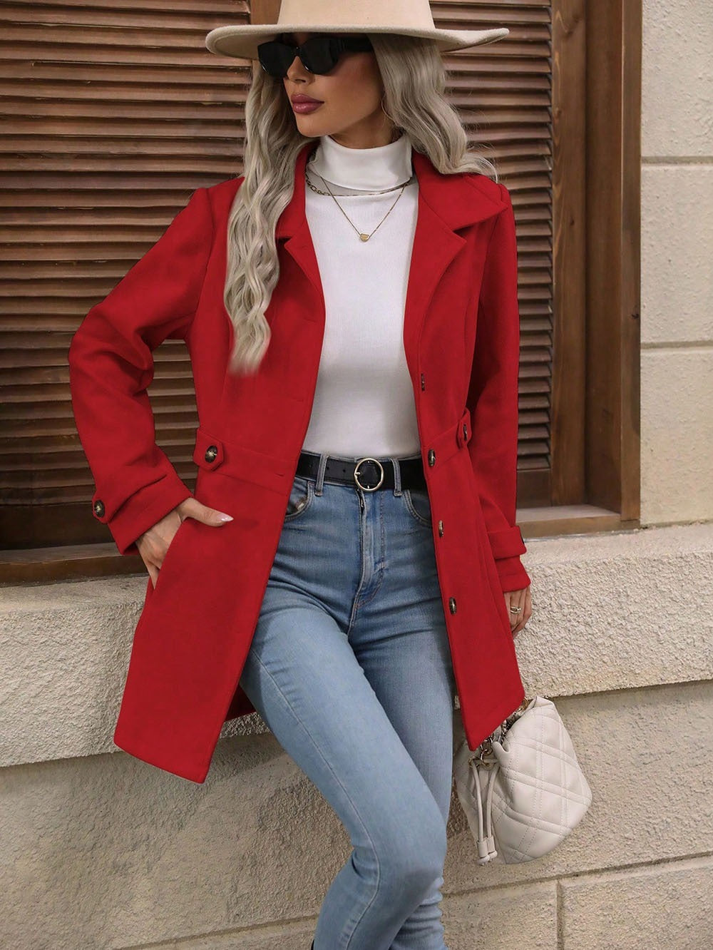 Manteau élégant en laine Loom & Soul™ – Veste mi-longue à revers et simple boutonnage pour femme, pour un style hivernal sans effort