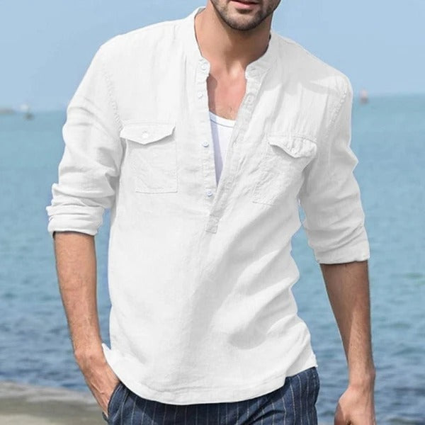 Men’s Cotton Linen Long Sleeve Shirt – Breathable Casual Button Top