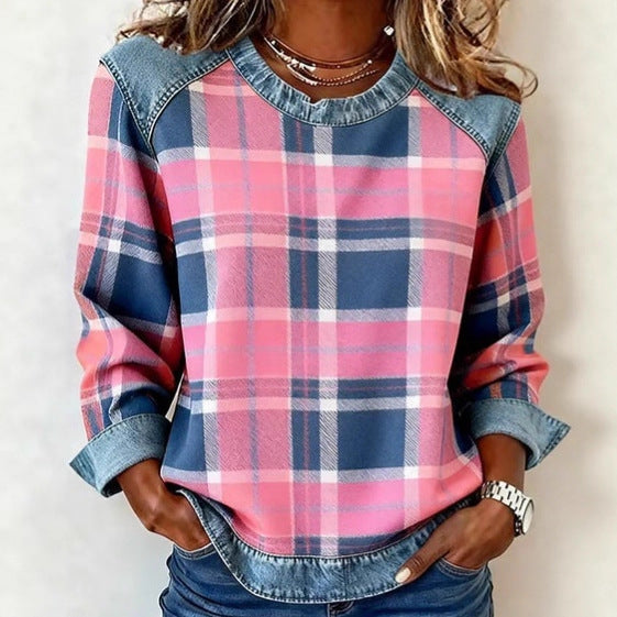 Sweat-shirt en jean patchwork pour femme – Pull ras-du-cou à motif floral