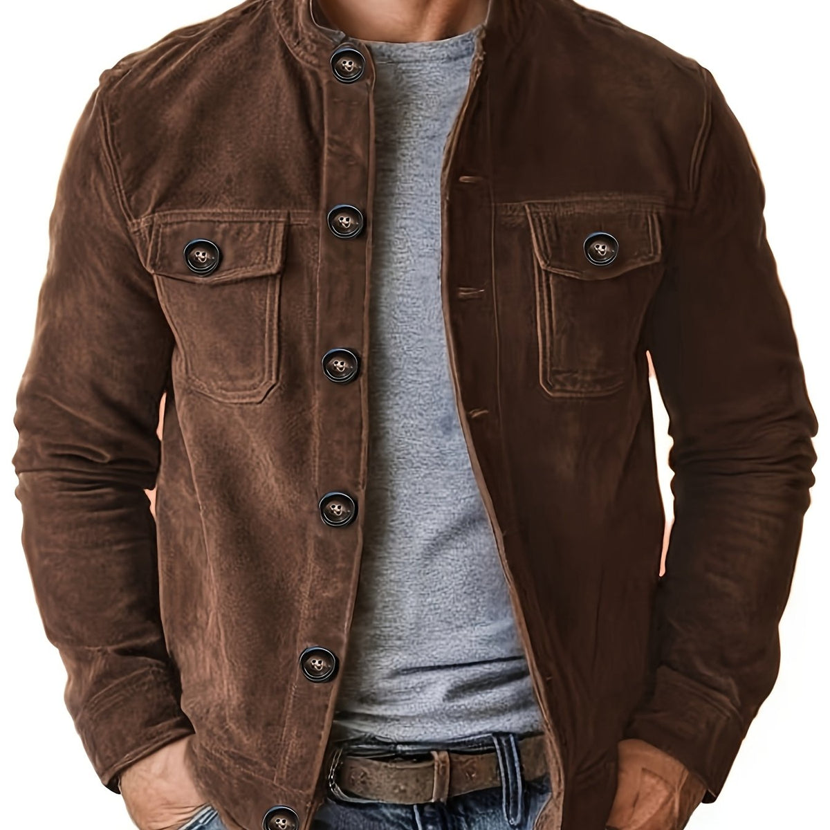 Veste en faux daim pour homme – Manteau décontracté à col montant boutonné