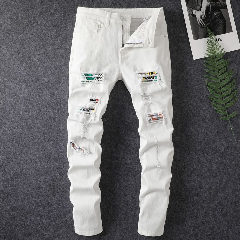 Loom & Soul™ Jeans Lavados con Parches – Pantalones de Mezclilla Blancos Ajustados para Hombre