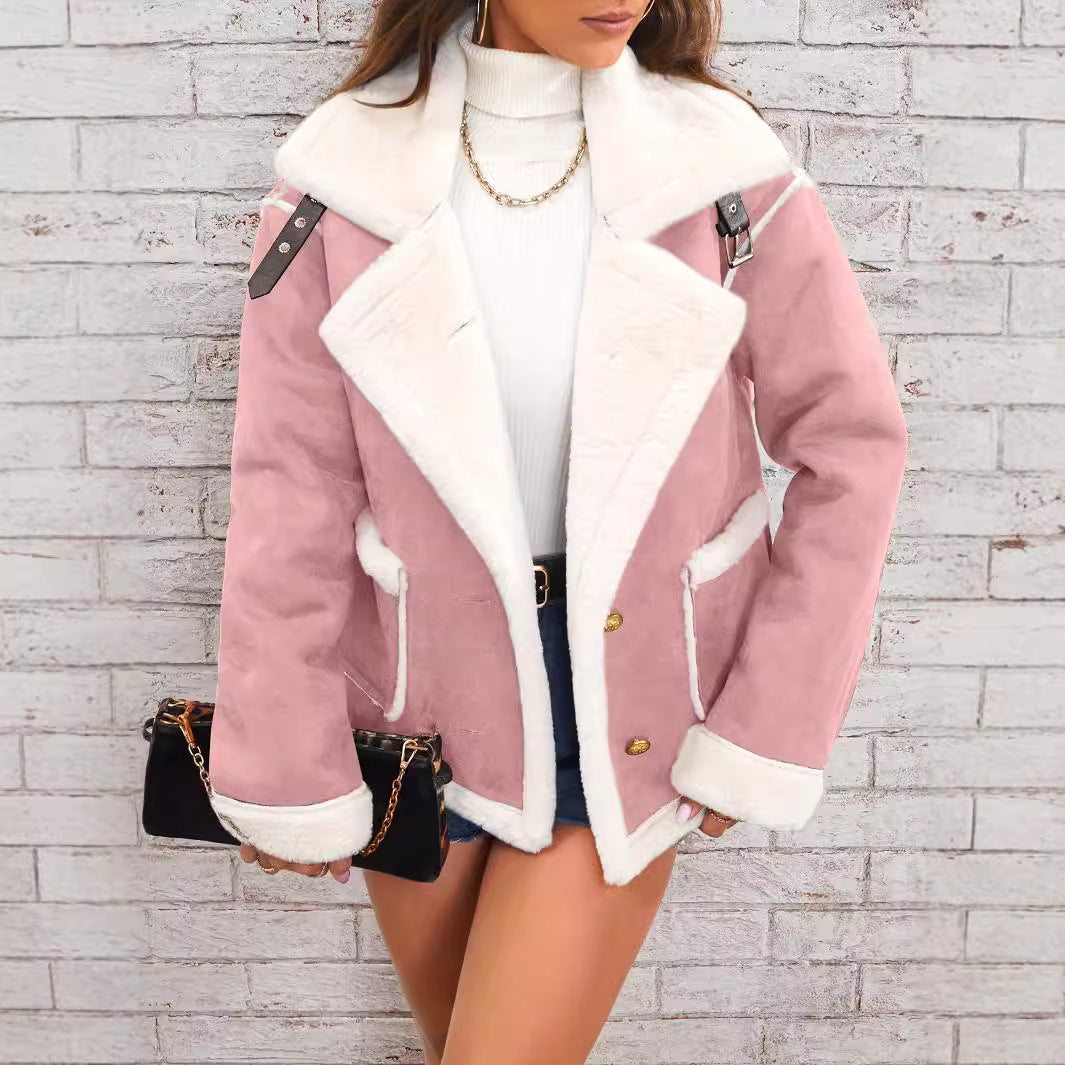 Loom & Soul™ Women’s Plush Polo Collar Jacket – Thick Winter Fleece Coat for Cozy Korean Street Style