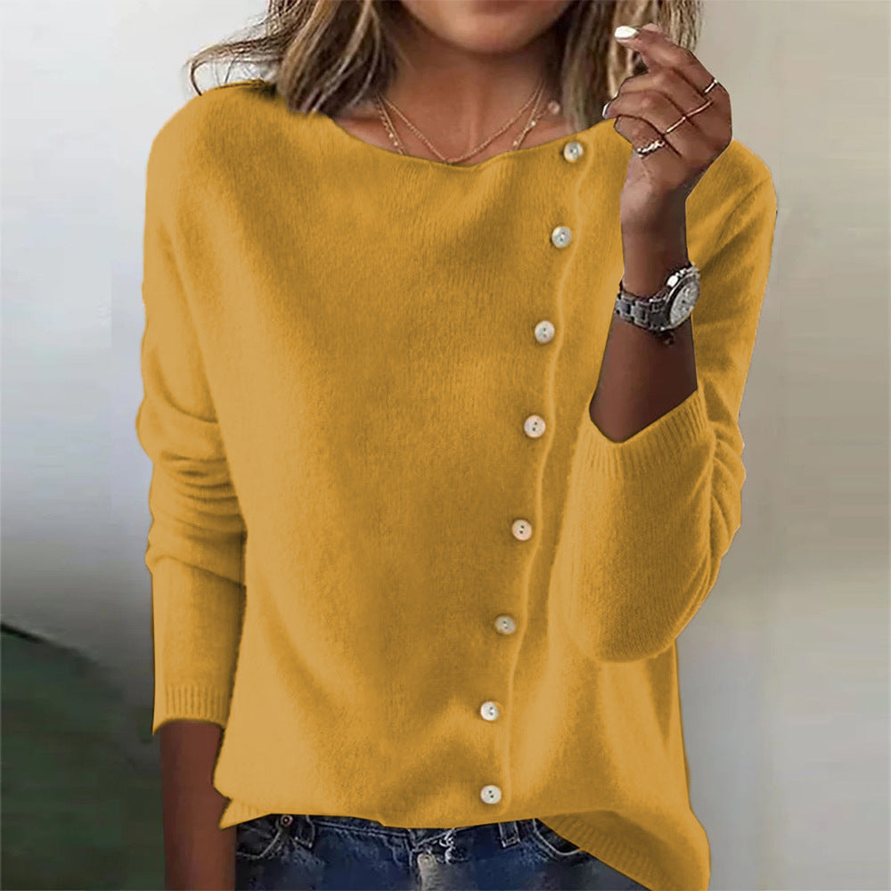 Women’s Elegant Button Sweater – Round Neck Long Sleeve Knit Top