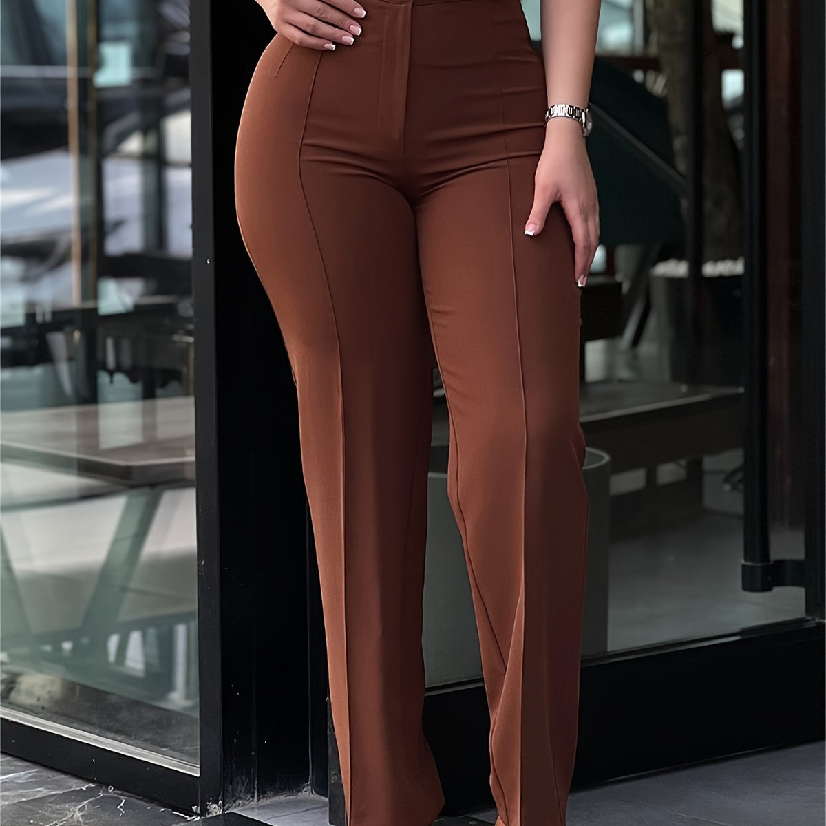 Pantalon habillé femme taille haute coupe droite – Pantalon de travail noir élégant