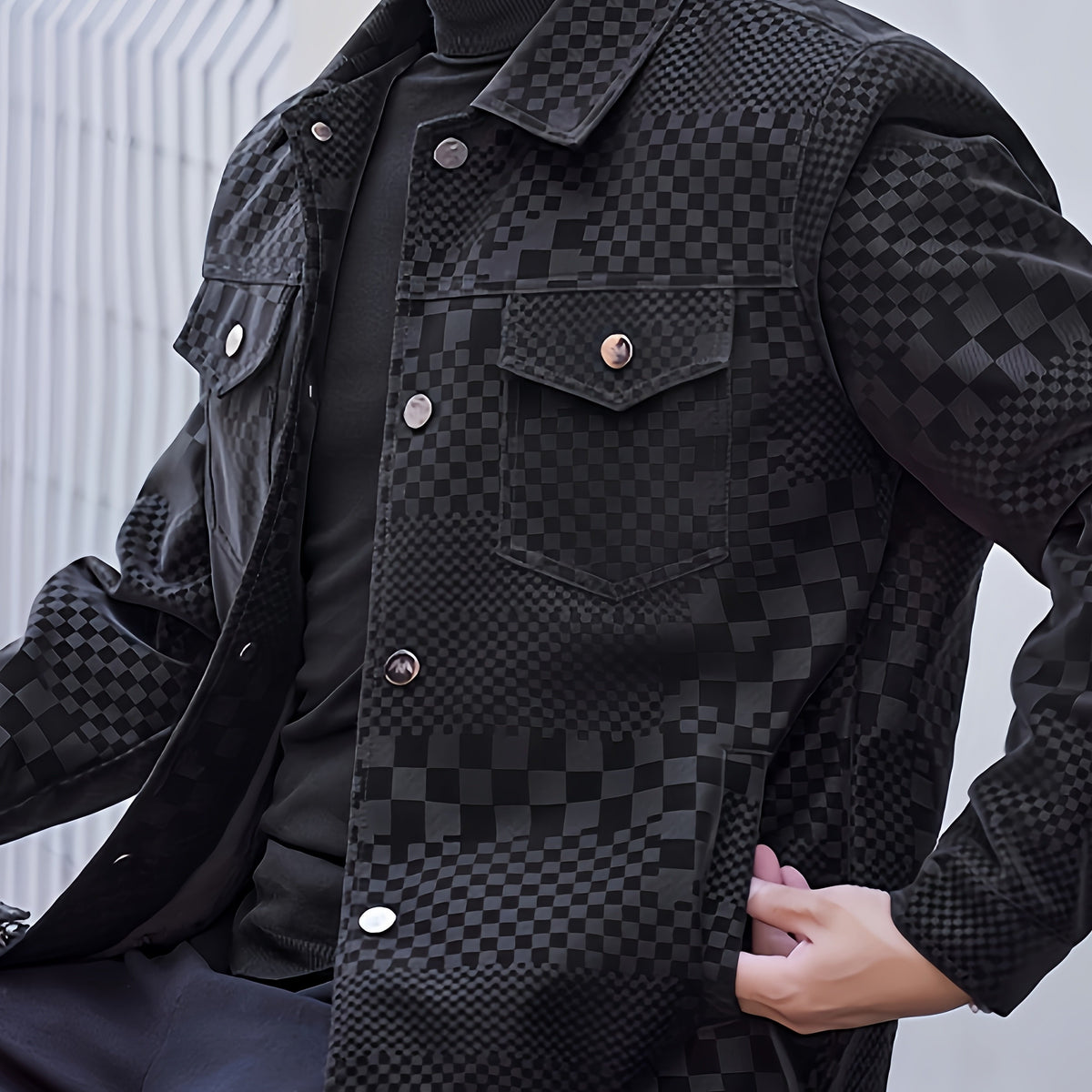 Manteau en PU à carreaux pour hommes – Veste de rue pied-de-poule noir et marron