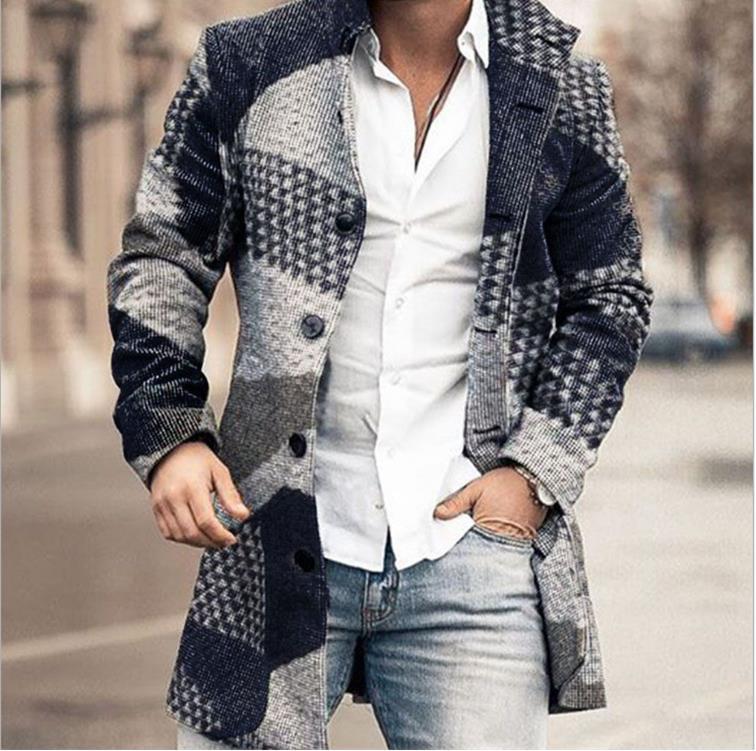 Men’s Printed Wool Trench Coat – Long Sleeve European Style