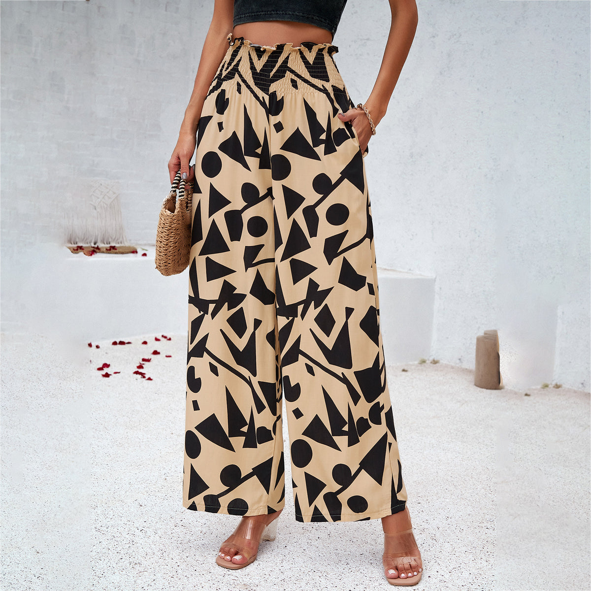 Loom & Soul™ Pantalon imprimé élégant – Pantalon femme taille haute, coupe droite et ample pour l'été et la plage