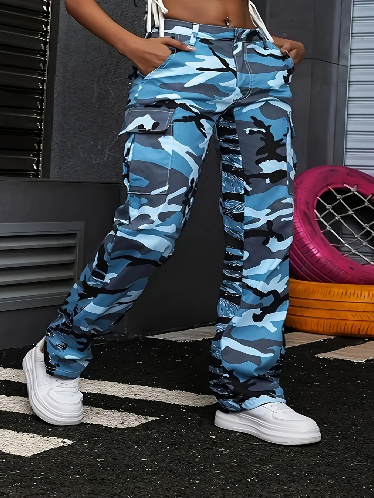 Navy Camo Cargo Jeans – Straight Leg Utility Pocket Denim