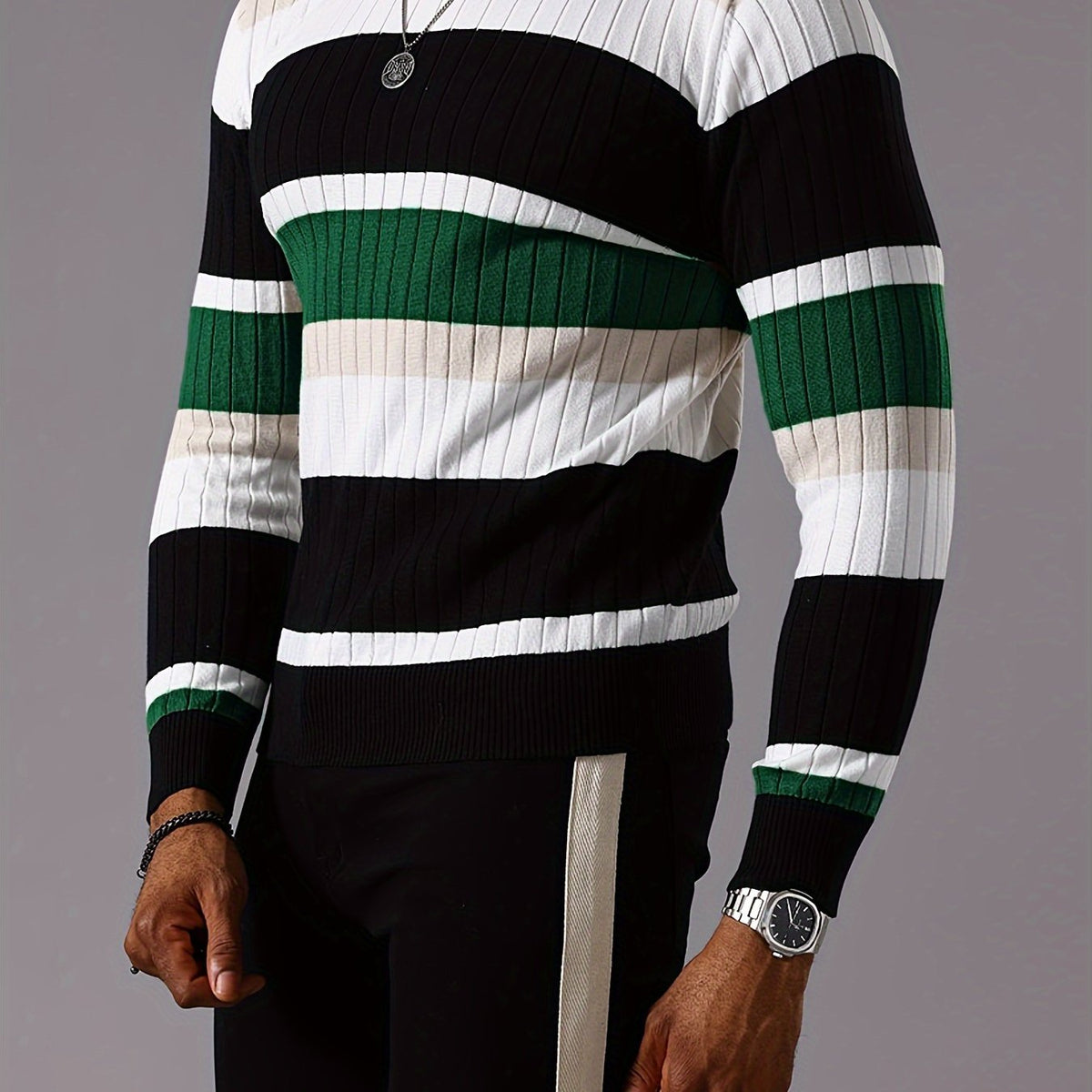 Men’s Striped Ribbed Knit Sweater – Color-Block Fall Winter Pullover