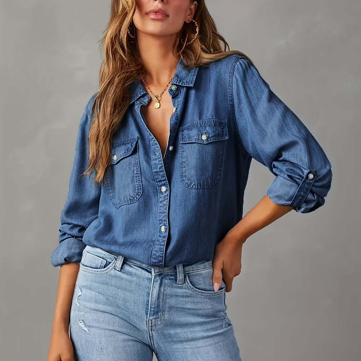 Camisa vaquera de botones para mujer – Blusa de trabajo casual de manga larga