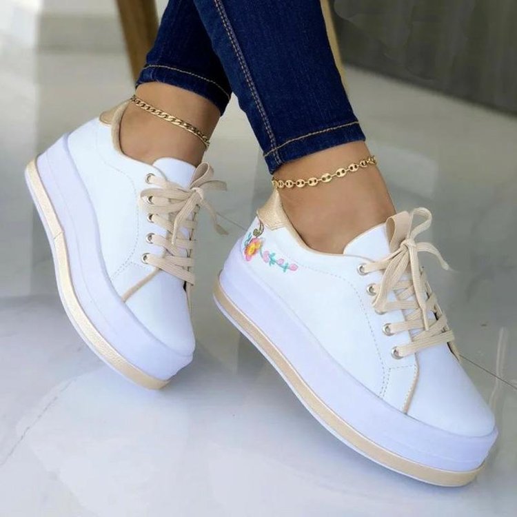 Baskets compensées brodées Loom & Soul™ – Chaussures en PU à lacets pour femme avec plateforme de 3 à 5 cm et semelle EVA