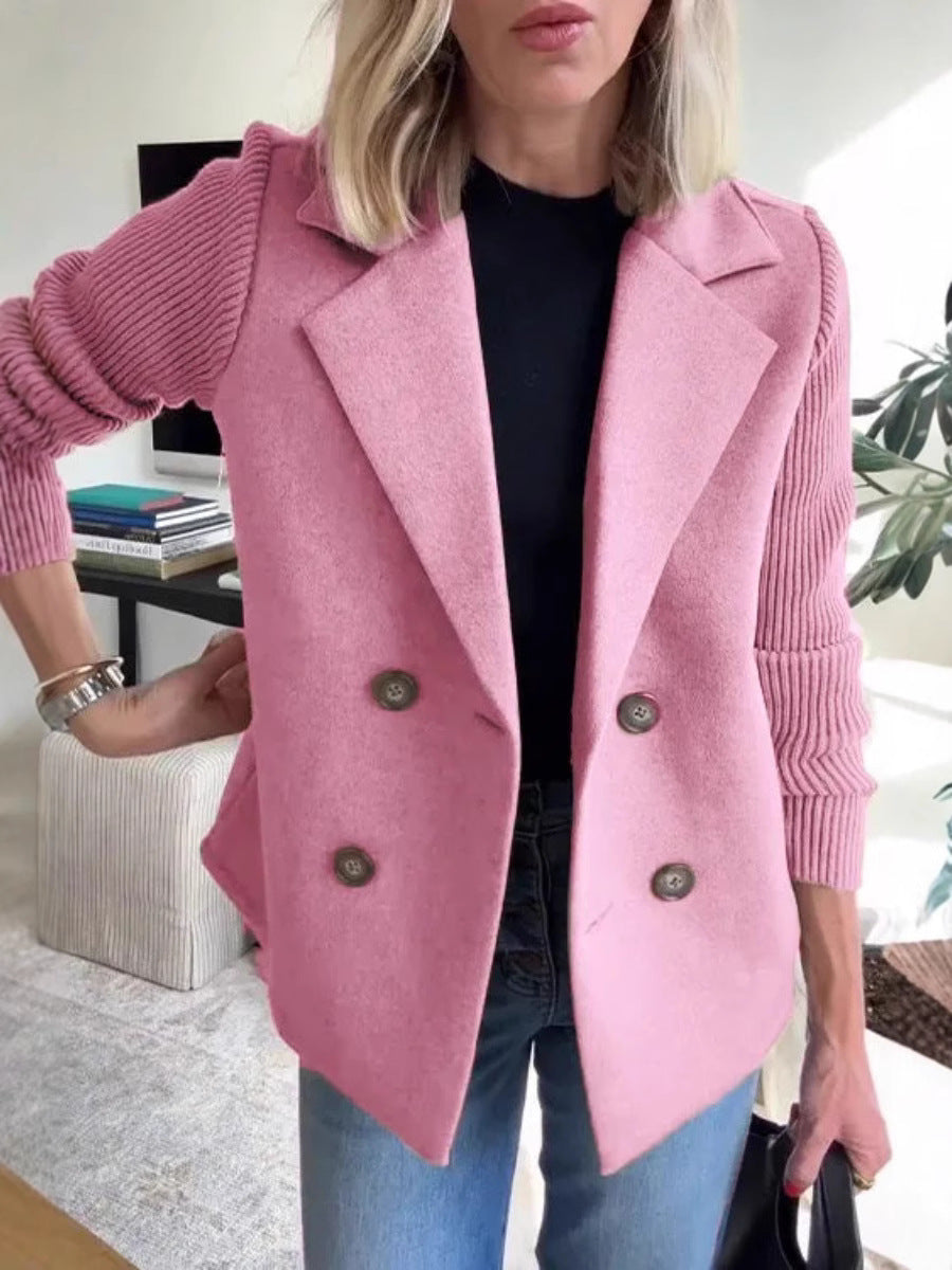 Women’s Double-Breasted Lapel Jacket – Knit Sleeve Spliced Coat