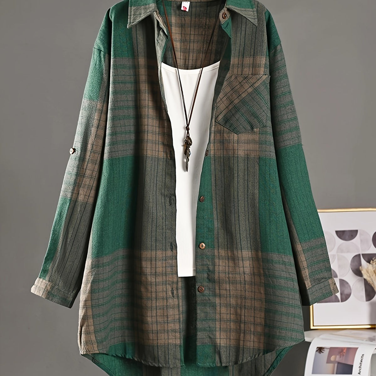 Women’s Vintage Plaid Shirt – Loose Button-Up All-Season Top