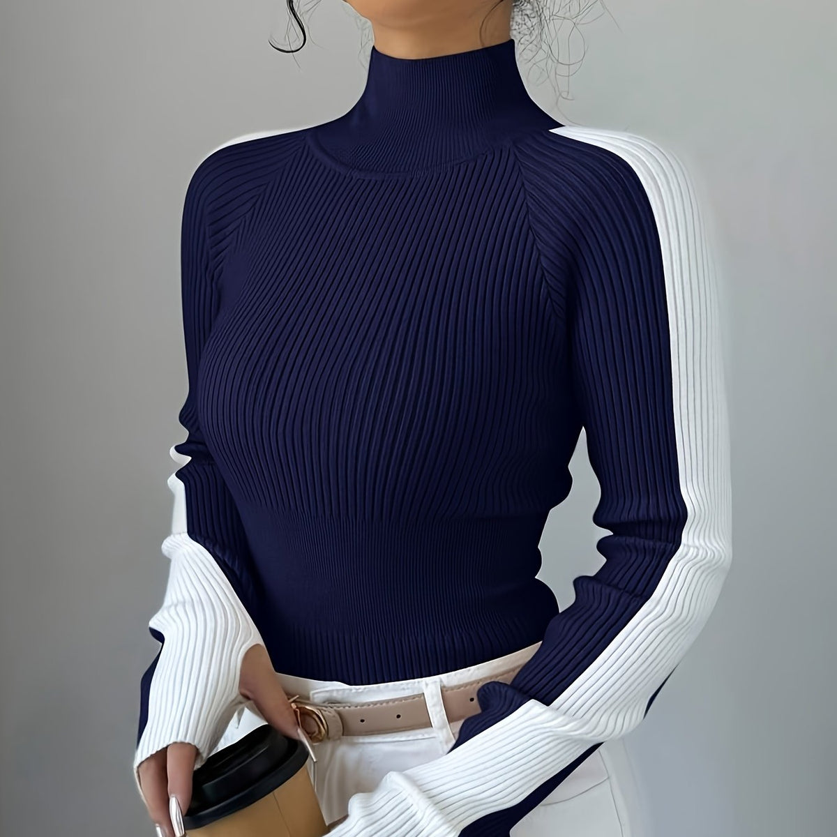 Women’s Color Block Turtleneck Sweater – Elegant Soft Knit Top