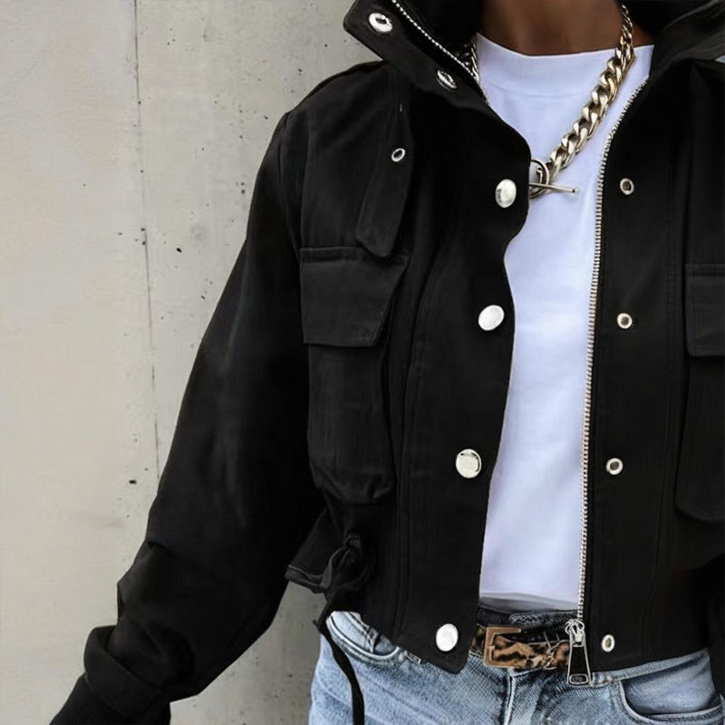 Women’s Stand Collar Jacket with Button & Zipper – Casual Short Fit