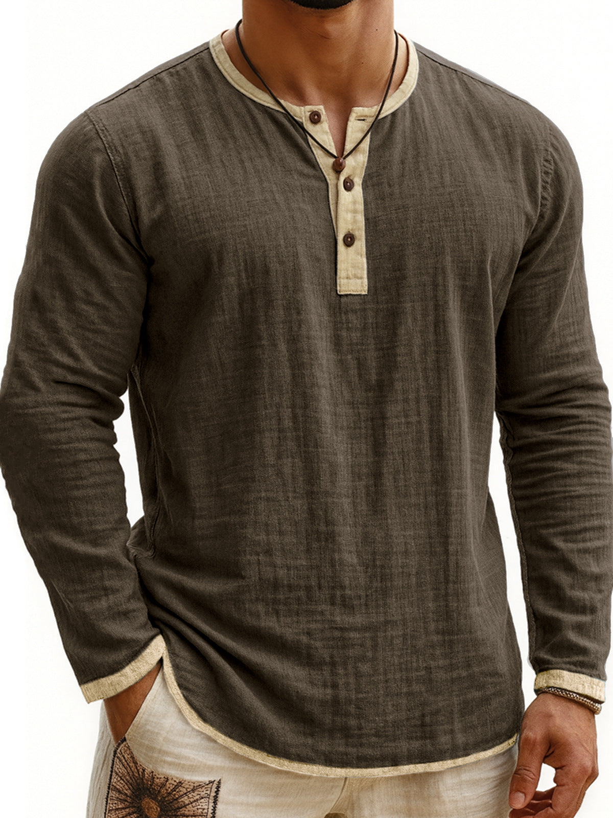 Chemise Henley Homme à Manches Longues Slim Fit à 3 Boutons et Imprimé Numérique Bicolore