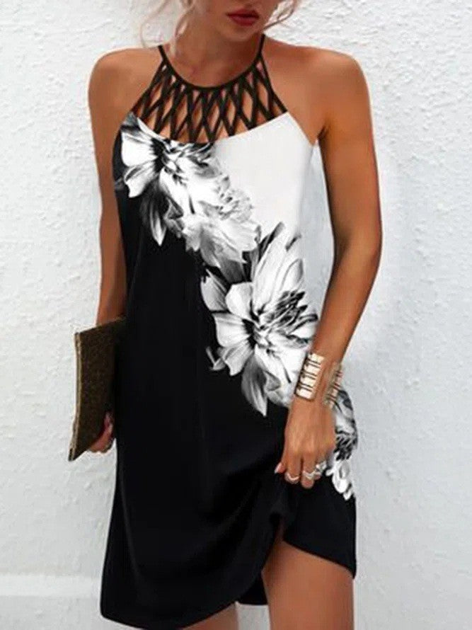 Robe d'été dos nu imprimée – Robe midi trapèze décontractée pour femme