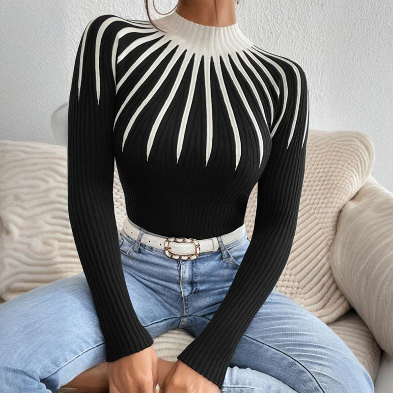 Women’s Slim Fit Mock Neck Sweater – Ribbed Striped Long Sleeve Knit