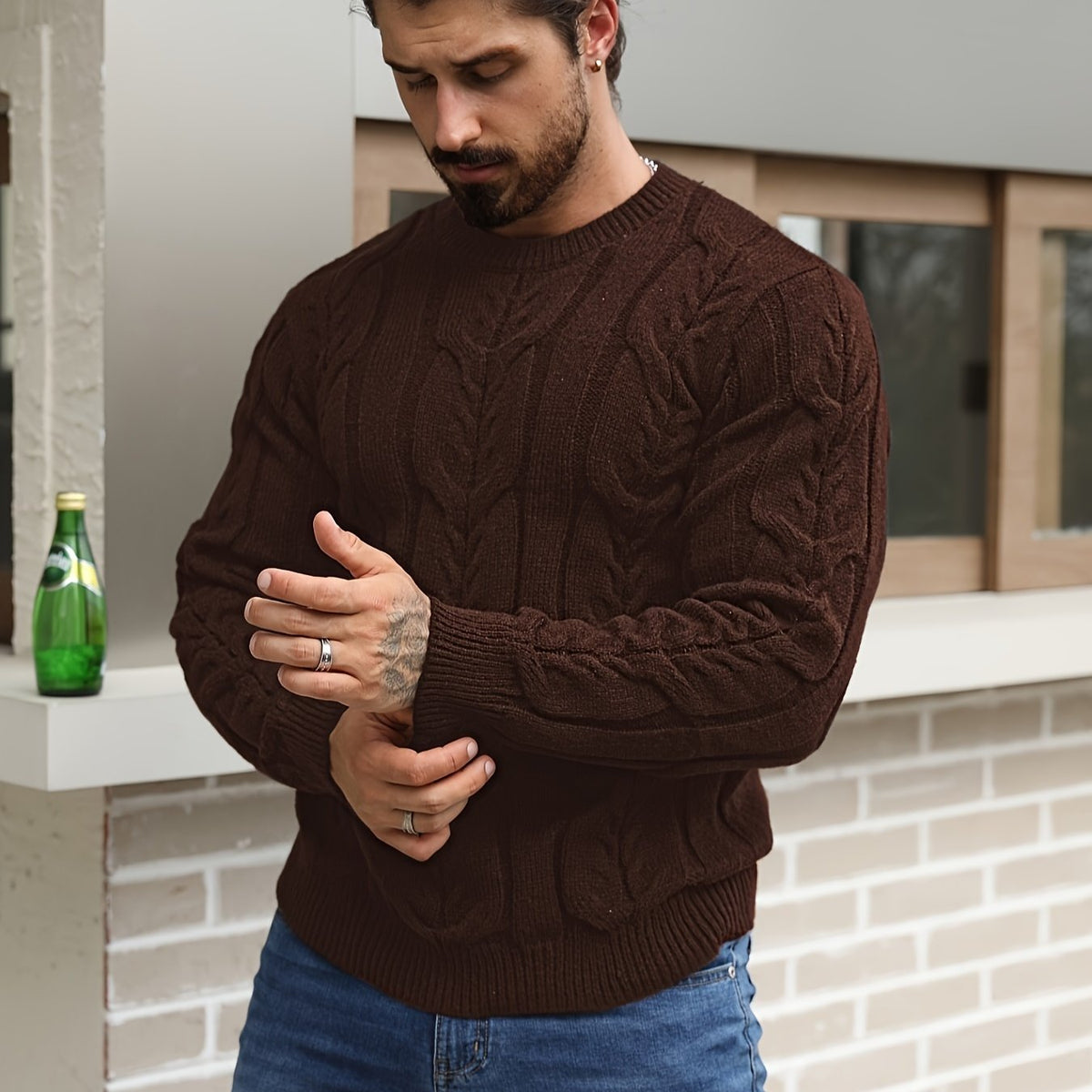 Suéter de punto a rayas para hombre – Suéter suave con cuello redondo y ribete acanalado