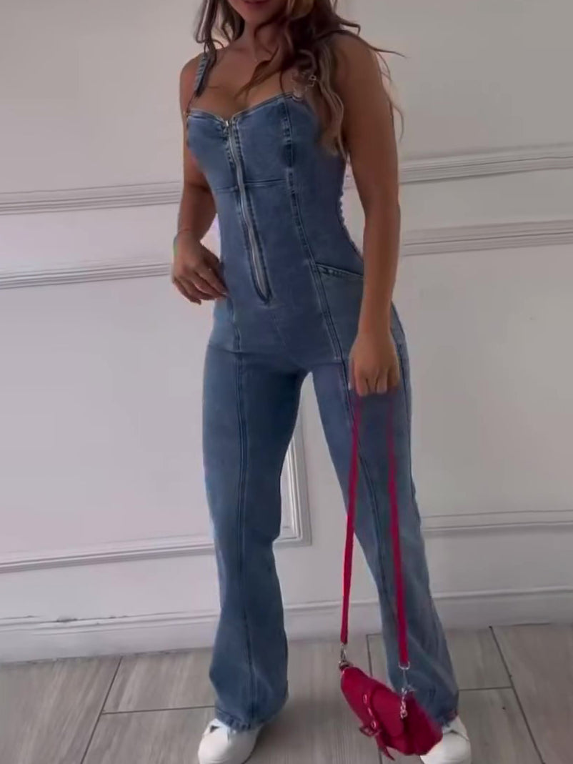 Mono vaquero con cremallera para mujer – Ajuste llamativo sin mangas y estilo patchwork
