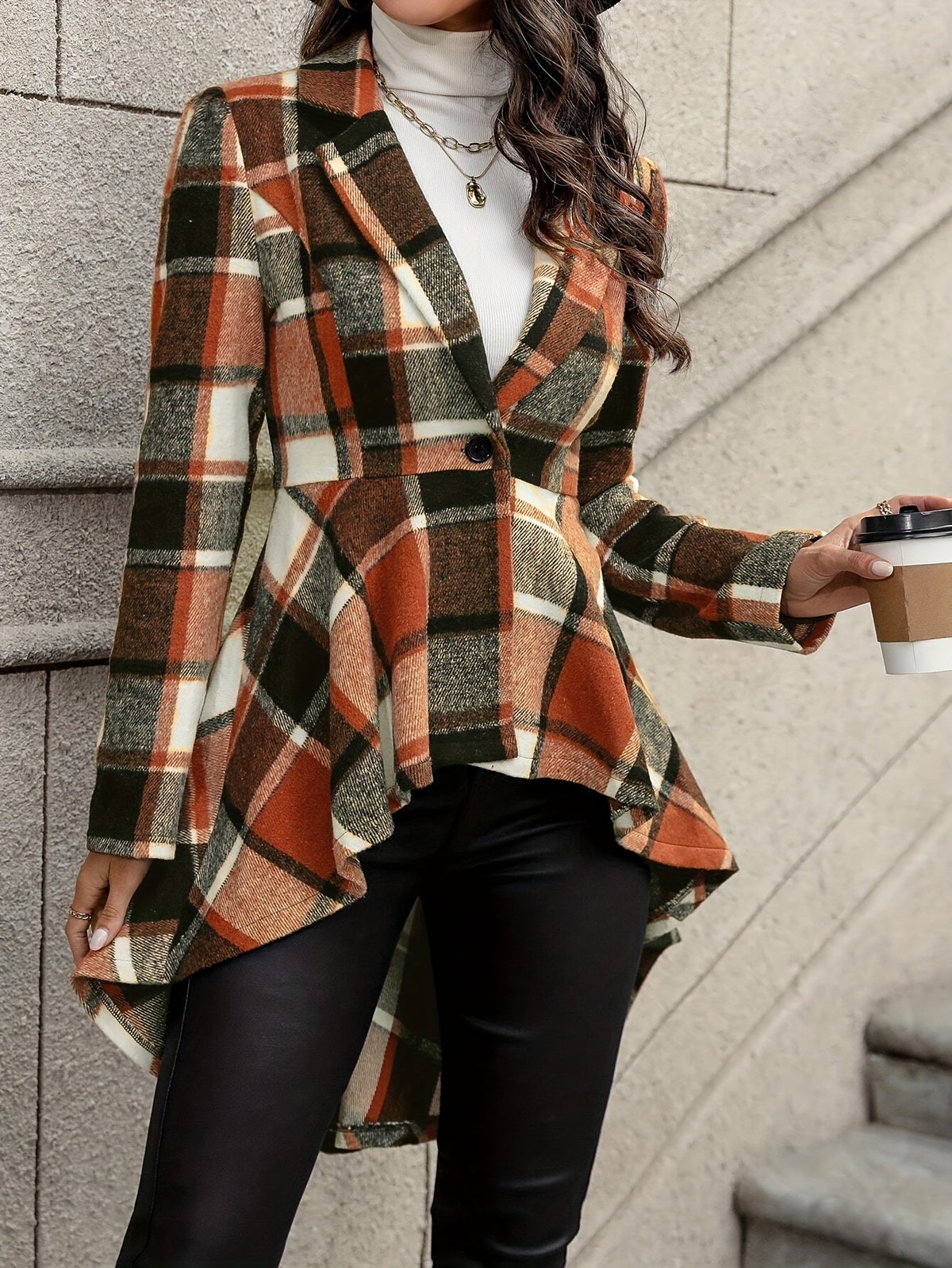 Veste évasée à carreaux pour femme – Manteau d'automne/hiver à revers et ourlet asymétrique, avec boutonnage