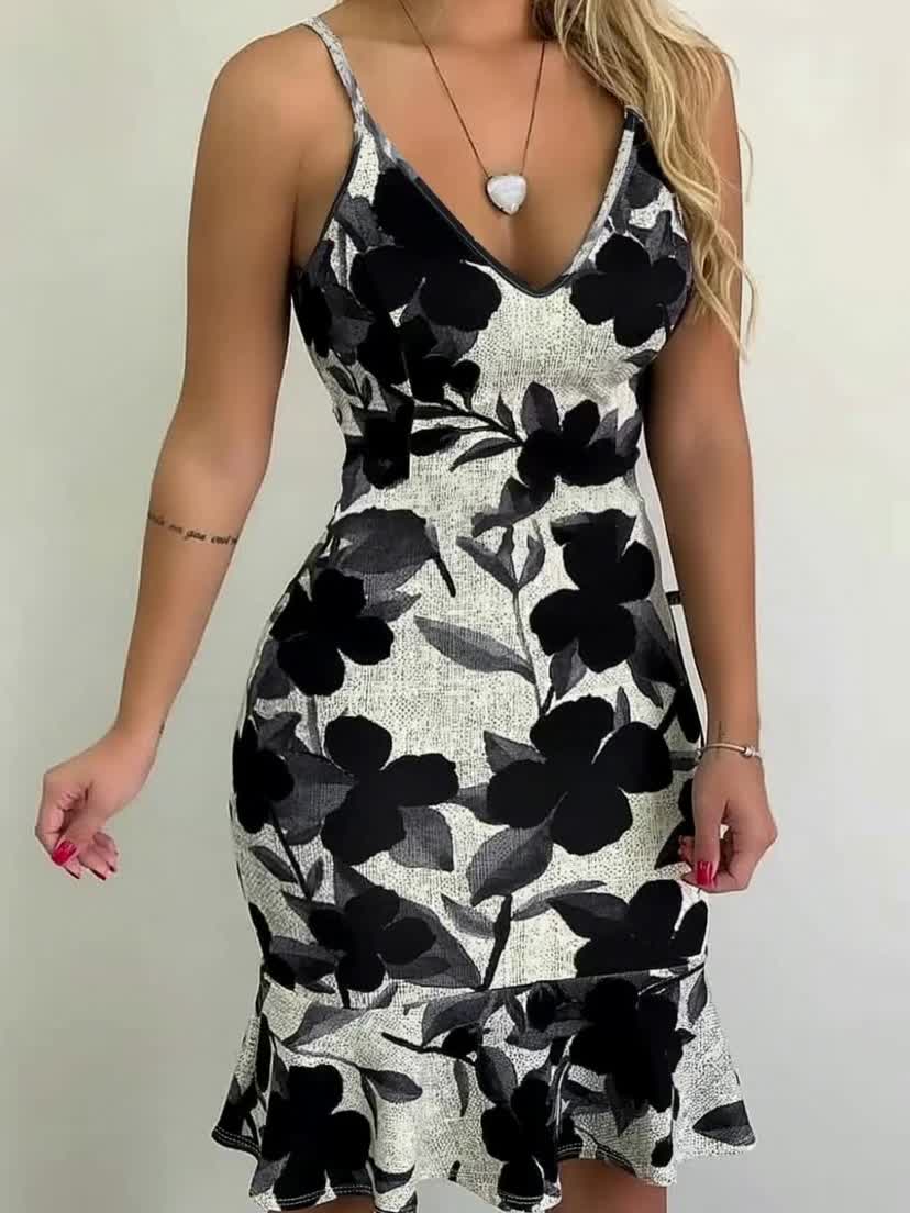 Robe d'été moulante fleurie – Robe de soirée à fines bretelles noire et blanche