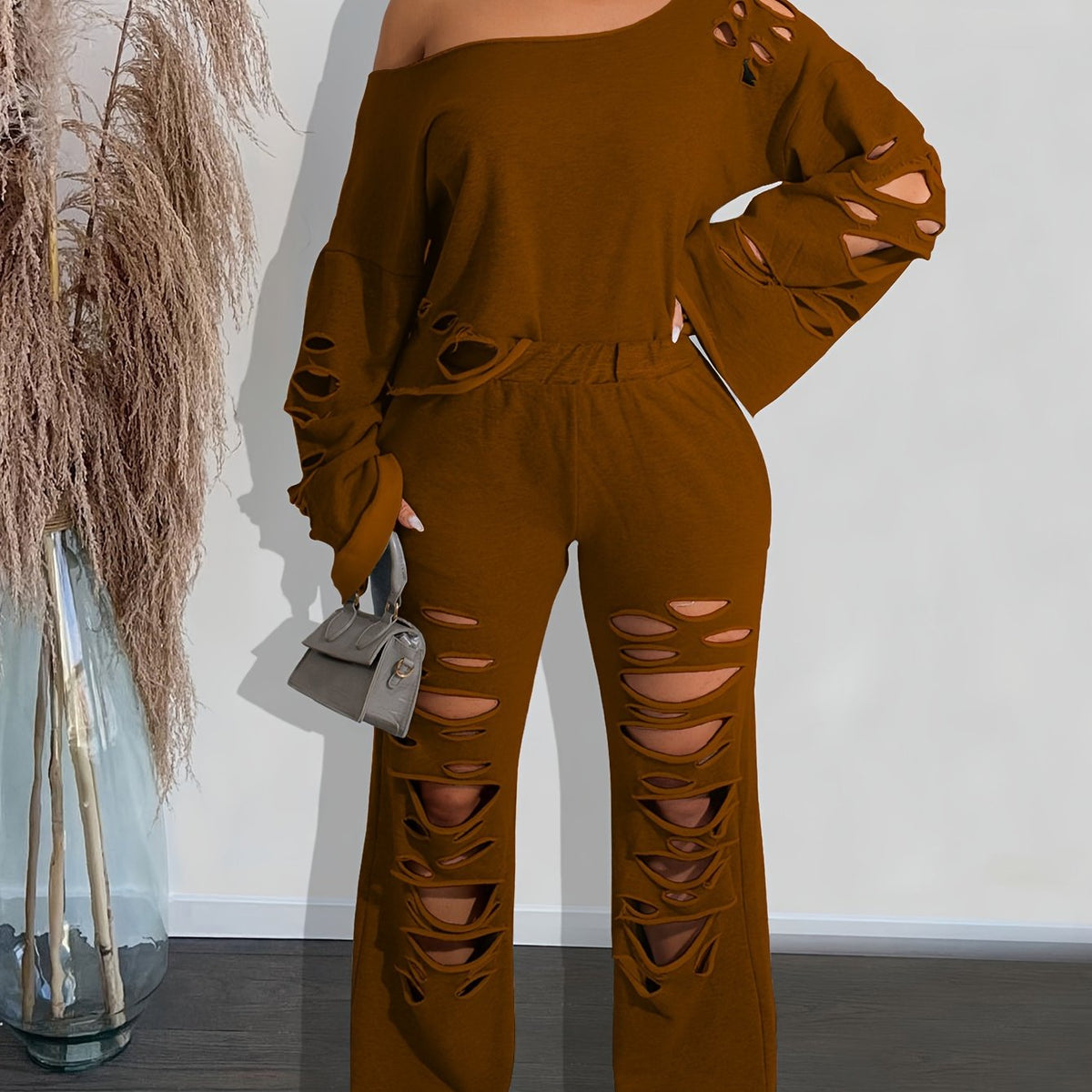 Conjunto de 2 piezas para mujer, hombros descubiertos, efecto envejecido – Top de manga larga y pantalón rasgado