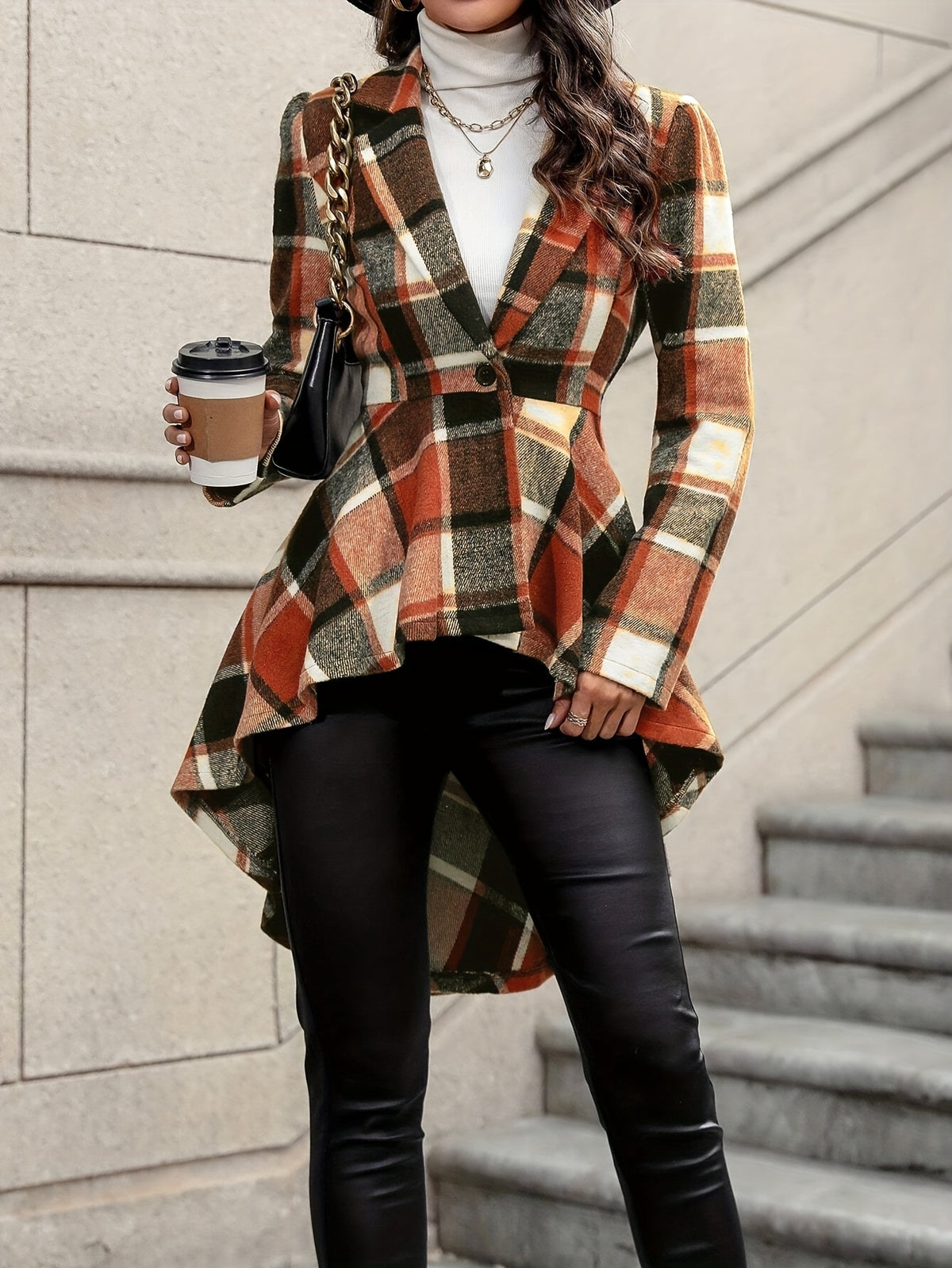Veste évasée à carreaux pour femme – Manteau d'automne/hiver à revers et ourlet asymétrique, avec boutonnage