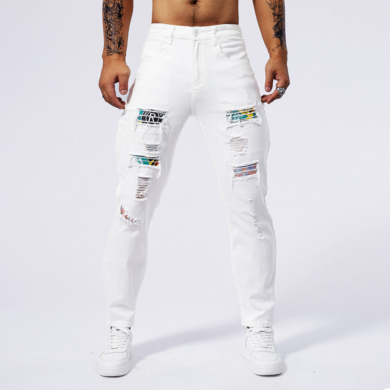 Loom & Soul™ Jeans Lavados con Parches – Pantalones de Mezclilla Blancos Ajustados para Hombre