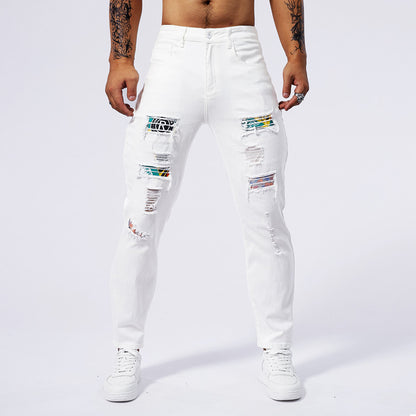 Loom & Soul™ Jeans Lavados con Parches – Pantalones de Mezclilla Blancos Ajustados para Hombre