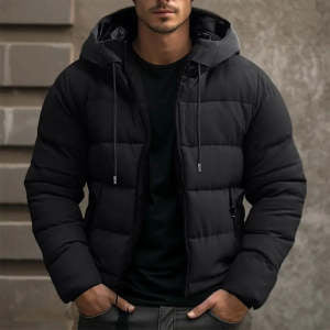Veste d'hiver à capuche pour homme – Manteau décontracté zippé en coton avec poches
