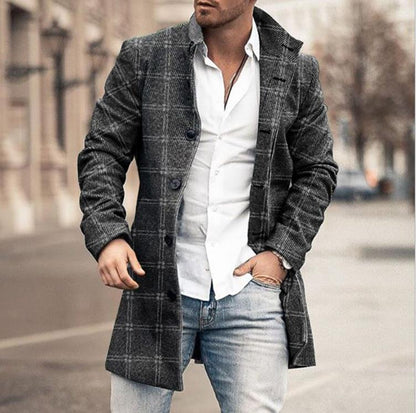 Men’s Printed Wool Trench Coat – Long Sleeve European Style
