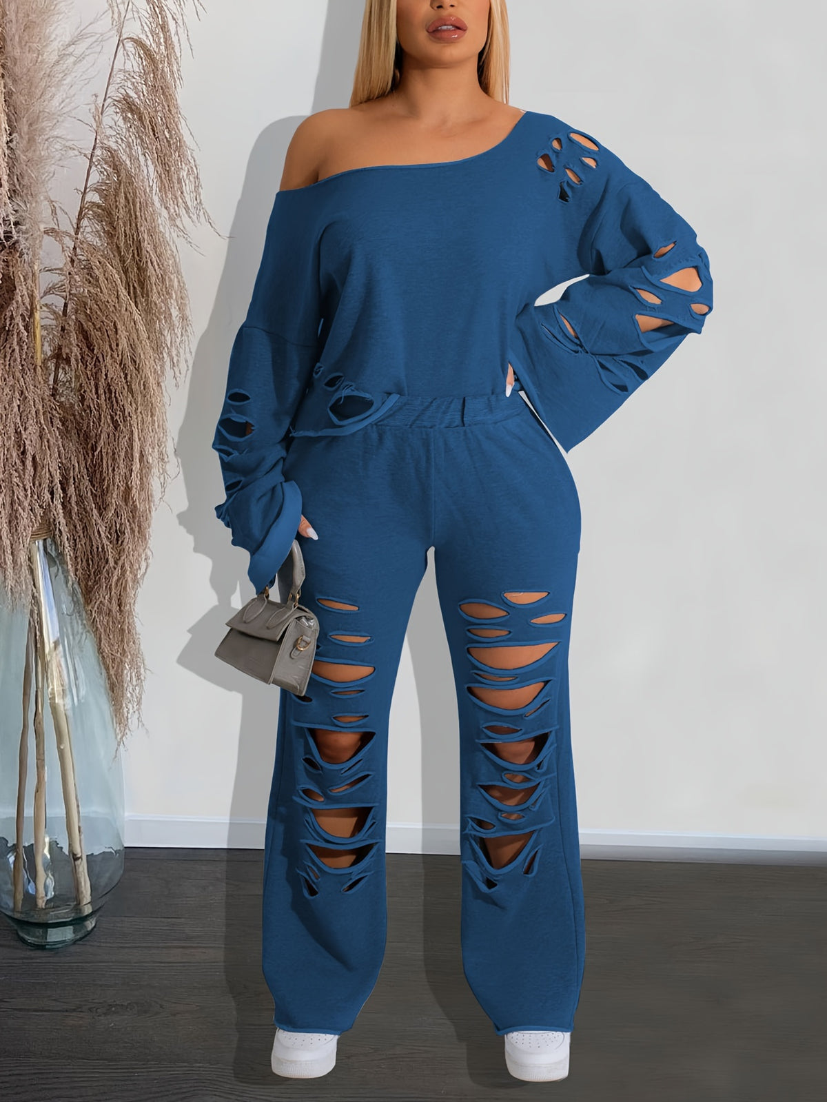 Conjunto de 2 piezas para mujer, hombros descubiertos, efecto envejecido – Top de manga larga y pantalón rasgado