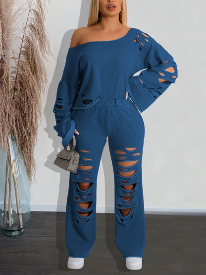 Conjunto de 2 piezas para mujer, hombros descubiertos, efecto envejecido – Top de manga larga y pantalón rasgado