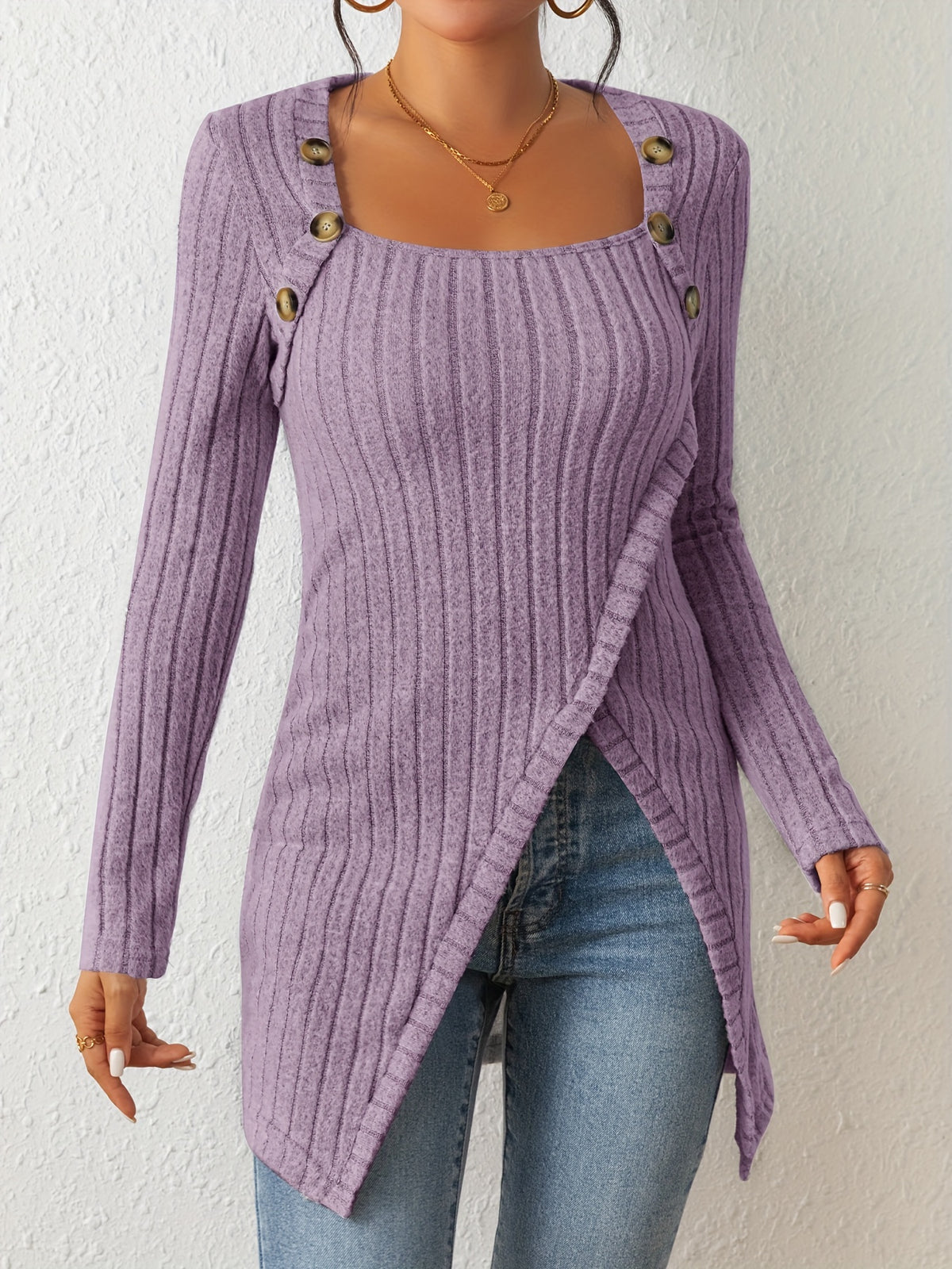T-shirt en maille ajusté pour femme – Haut à manches longues et col carré