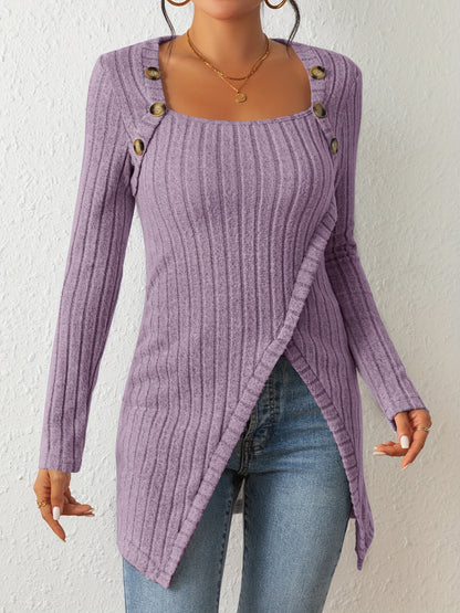 T-shirt en maille ajusté pour femme – Haut à manches longues et col carré