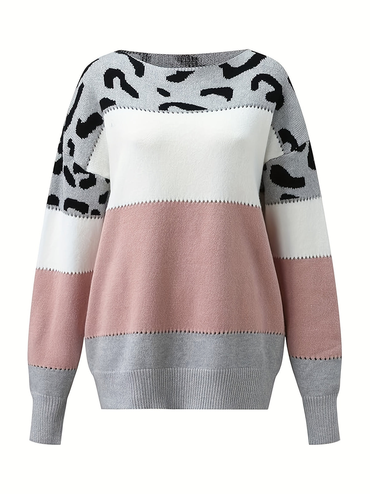 Pull ras du cou en tricot à patchwork léopard pour femme – Rose et blanc