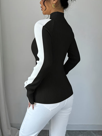 Women’s Color Block Turtleneck Sweater – Elegant Soft Knit Top