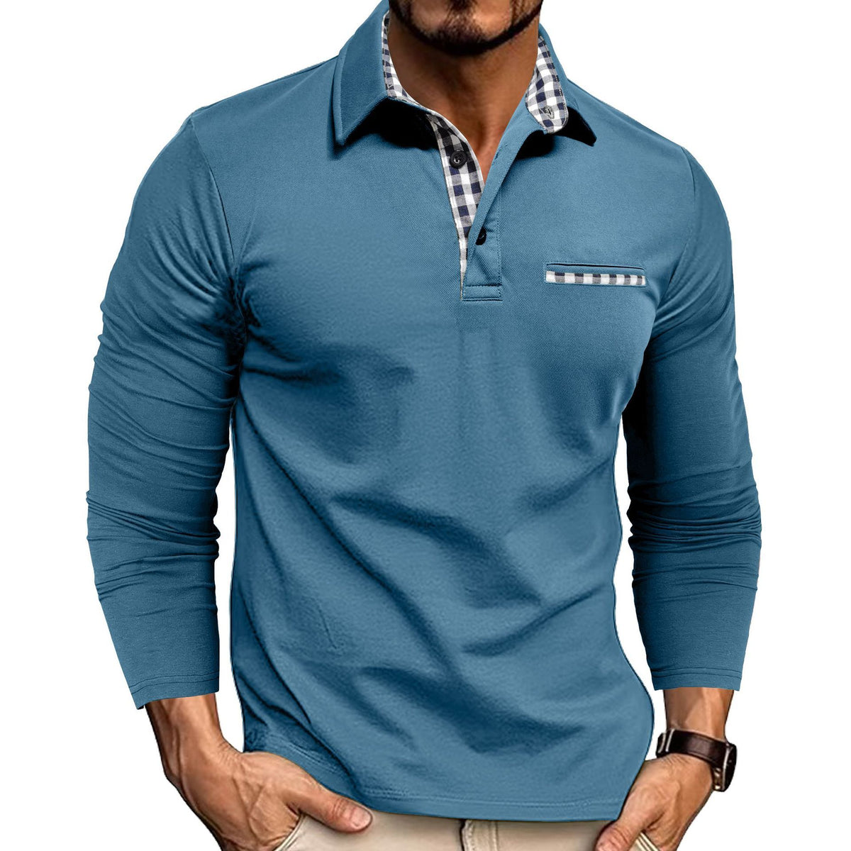 Polo à manches longues tissé et carreaux avec empiècements pour homme Loom & Soul™ – Haut décontracté de couleur unie