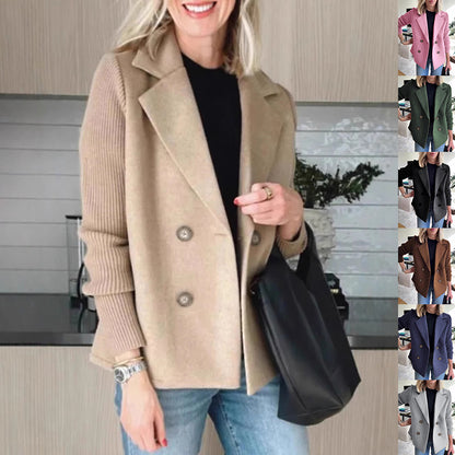 Women’s Double-Breasted Lapel Jacket – Knit Sleeve Spliced Coat