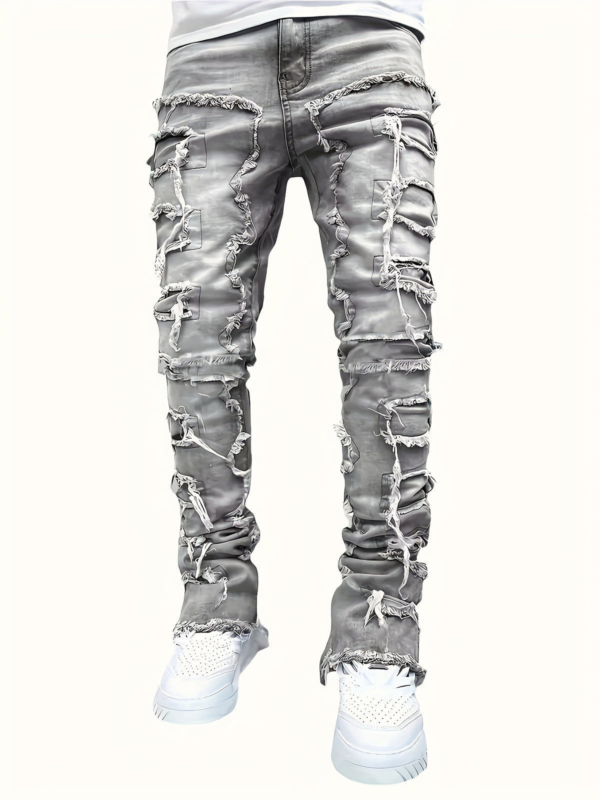 Jean slim homme vieilli – déchirures superposées et patchwork denim urbain