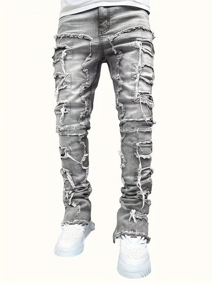 Jean slim homme vieilli – déchirures superposées et patchwork denim urbain