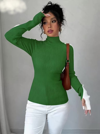 Women’s Color Block Turtleneck Sweater – Elegant Soft Knit Top
