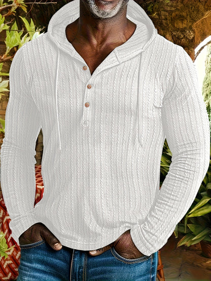 T-shirt Henley à capuche pour homme – Pull à capuche décontracté texturé à manches longues et cordon de serrage