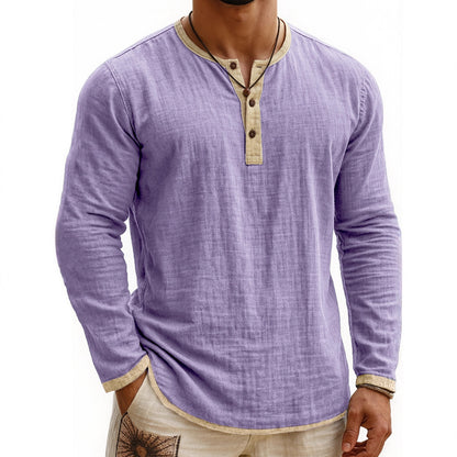 Chemise Henley Homme à Manches Longues Slim Fit à 3 Boutons et Imprimé Numérique Bicolore